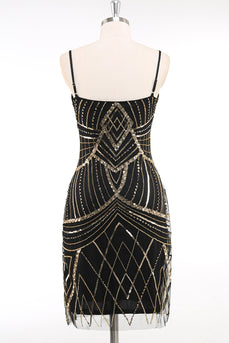 Schwarz Gold Bodycon Spaghettiträger Pailletten 20er Jahre Kleid