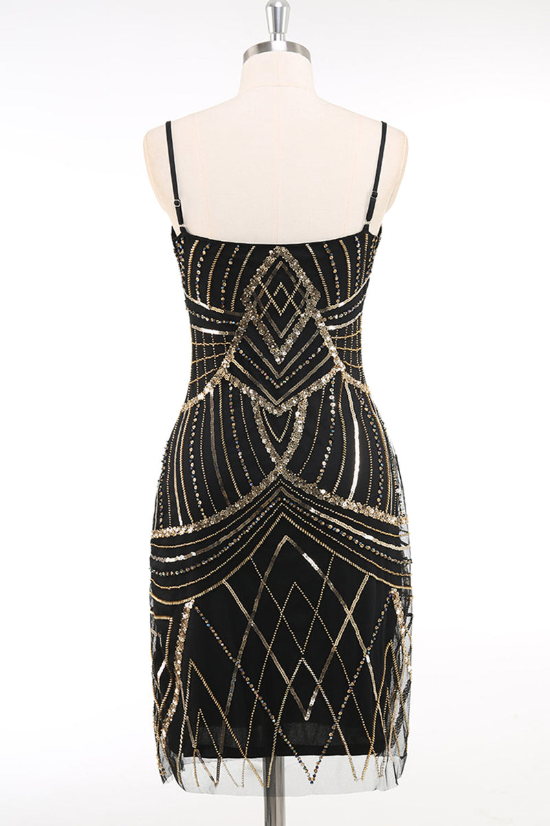 Laden Sie das Bild in den Galerie-Viewer, Schwarz Gold Bodycon Spaghettiträger Pailletten 20er Jahre Kleid