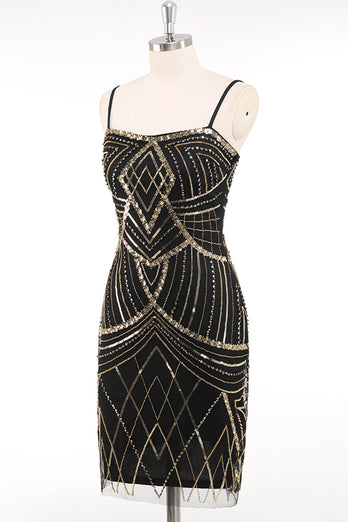 Schwarz Gold Bodycon Spaghettiträger Pailletten 20er Jahre Kleid
