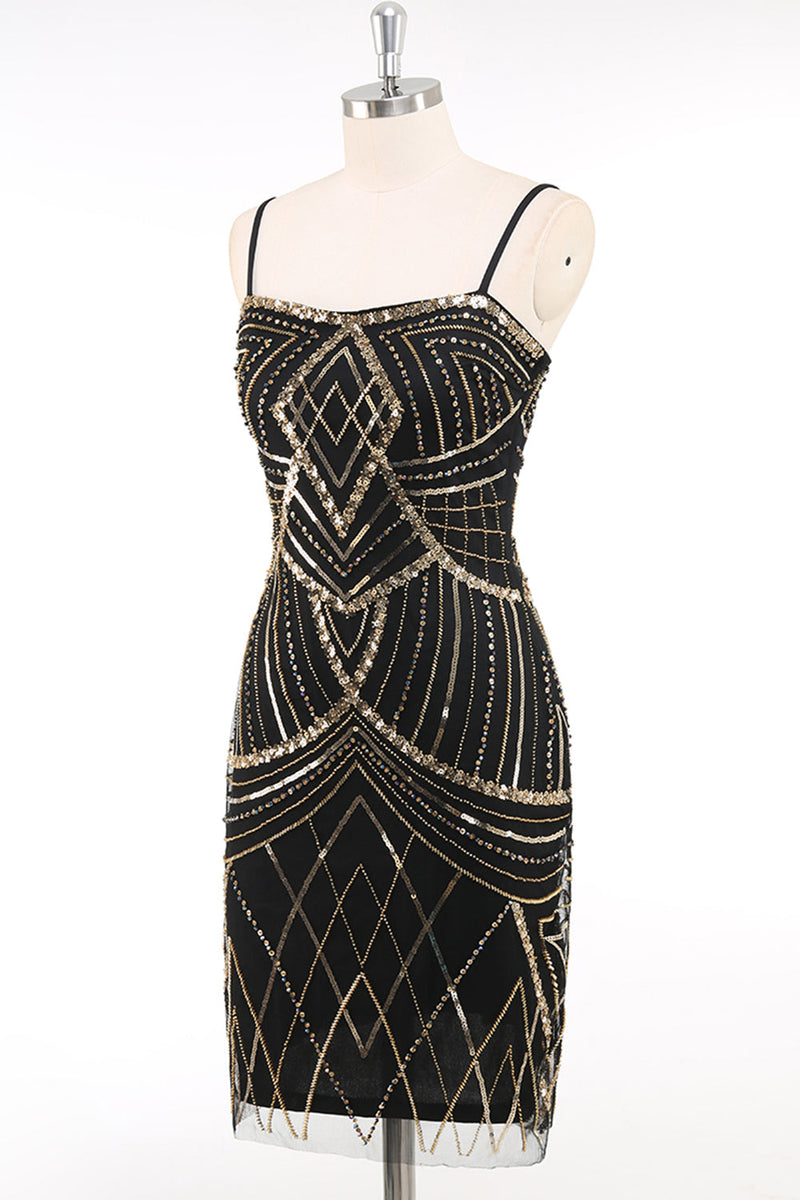 Laden Sie das Bild in den Galerie-Viewer, Schwarz Gold Bodycon Spaghettiträger Pailletten 20er Jahre Kleid