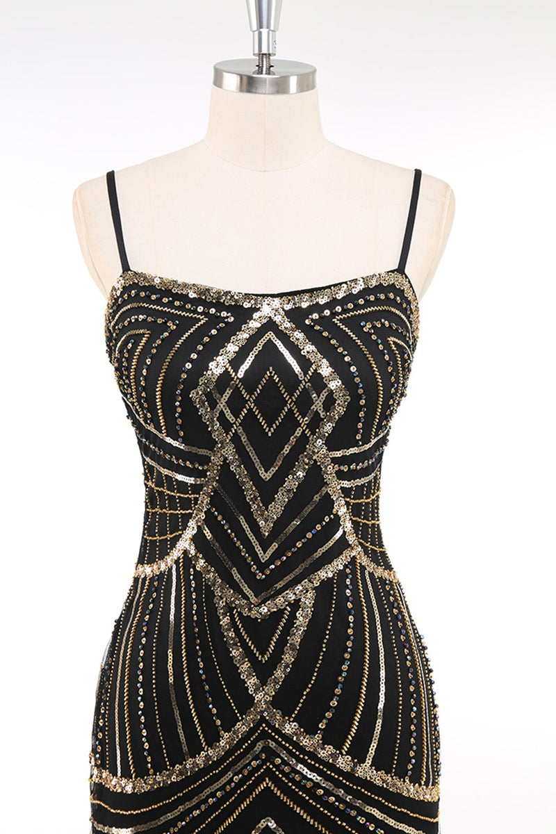 Laden Sie das Bild in den Galerie-Viewer, Schwarz Gold Bodycon Spaghettiträger Pailletten 20er Jahre Kleid