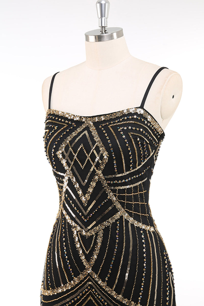 Laden Sie das Bild in den Galerie-Viewer, Schwarz Gold Bodycon Spaghettiträger Pailletten 20er Jahre Kleid