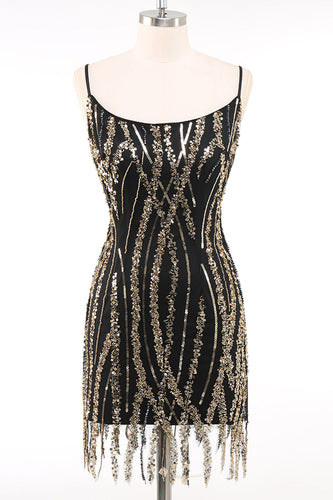 Glitzernd Schwarz Gold Spaghettiträger 20er Jahre Kleid mit Fransen