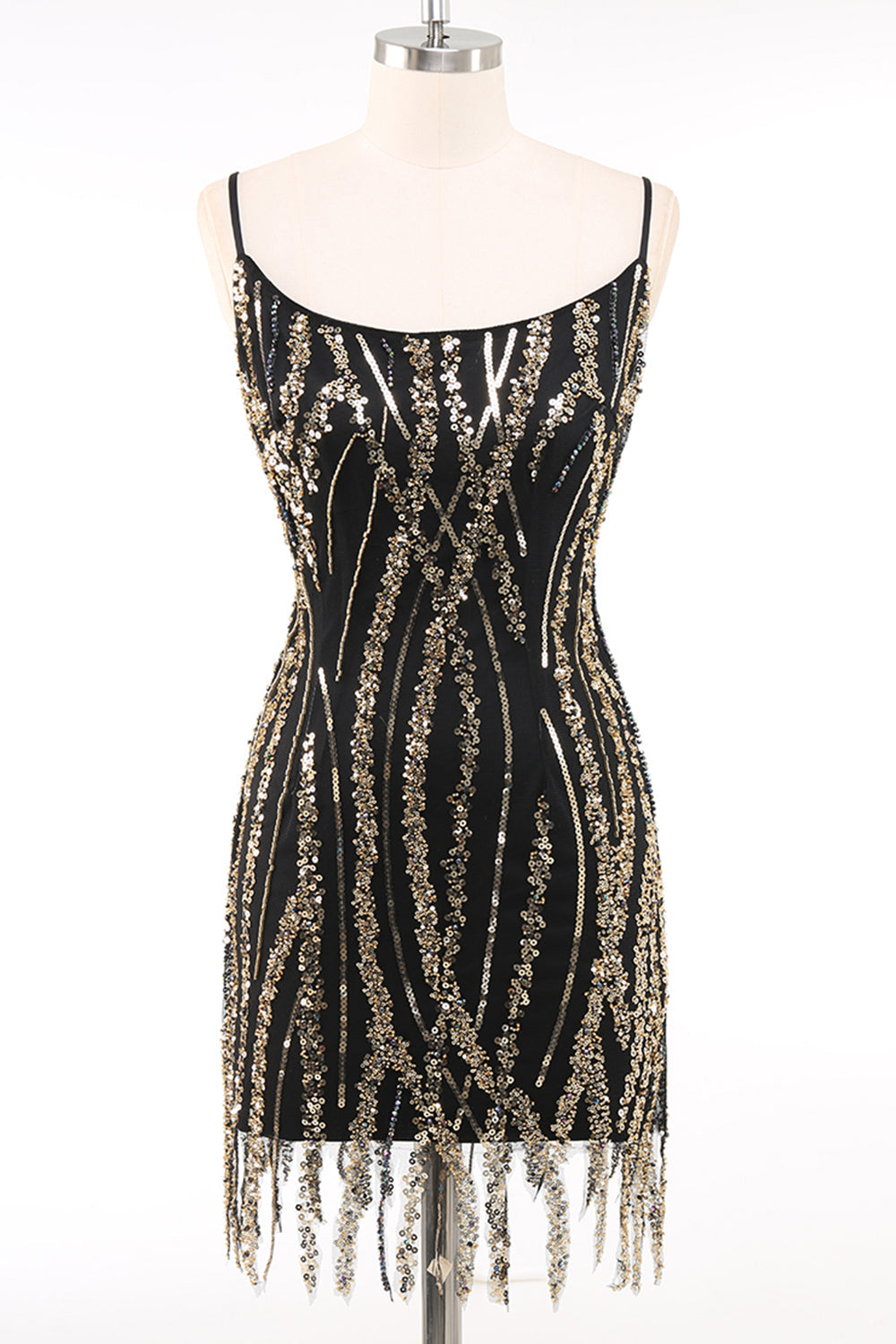 Glitzernd Schwarz Gold Spaghettiträger 20er Jahre Kleid mit Fransen