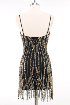 Glitzernd Schwarz Gold Spaghettiträger 20er Jahre Kleid mit Fransen