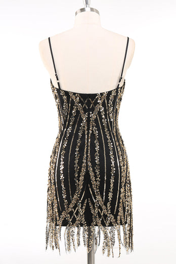 Glitzernd Schwarz Gold Spaghettiträger 20er Jahre Kleid mit Fransen