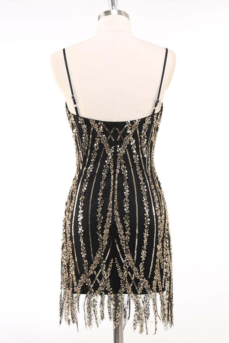 Laden Sie das Bild in den Galerie-Viewer, Glitzernd Schwarz Gold Spaghettiträger 20er Jahre Kleid mit Fransen