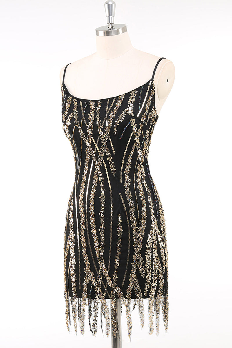 Laden Sie das Bild in den Galerie-Viewer, Glitzernd Schwarz Gold Spaghettiträger 20er Jahre Kleid mit Fransen