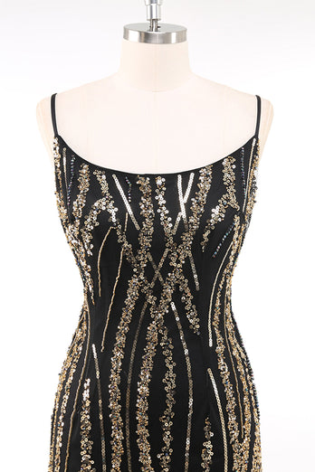Glitzernd Schwarz Gold Spaghettiträger 20er Jahre Kleid mit Fransen