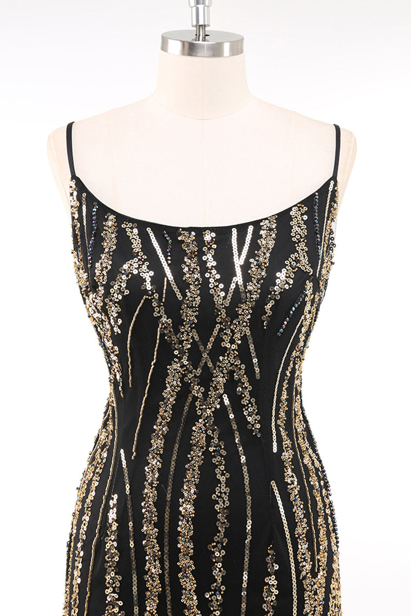 Laden Sie das Bild in den Galerie-Viewer, Glitzernd Schwarz Gold Spaghettiträger 20er Jahre Kleid mit Fransen