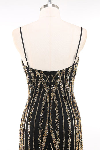 Glitzernd Schwarz Gold Spaghettiträger 20er Jahre Kleid mit Fransen