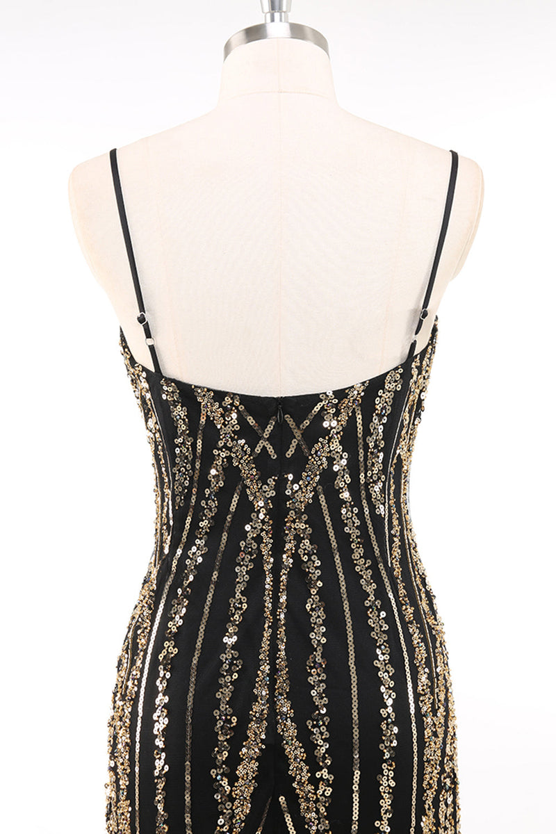 Laden Sie das Bild in den Galerie-Viewer, Glitzernd Schwarz Gold Spaghettiträger 20er Jahre Kleid mit Fransen
