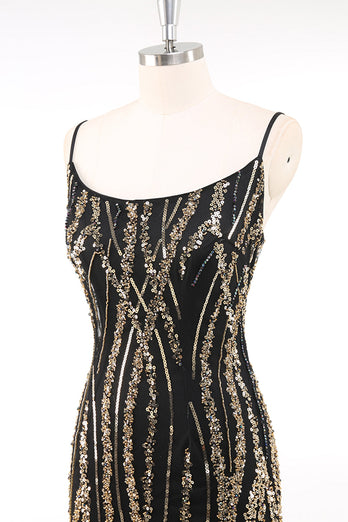 Glitzernd Schwarz Gold Spaghettiträger 20er Jahre Kleid mit Fransen