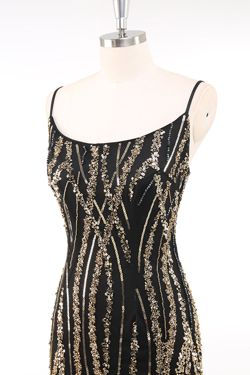 Laden Sie das Bild in den Galerie-Viewer, Glitzernd Schwarz Gold Spaghettiträger 20er Jahre Kleid mit Fransen