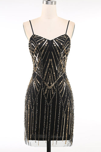 Glitzernd Schwarz Gold Bodycon Pailletten Kurz 20er Jahre Kleid