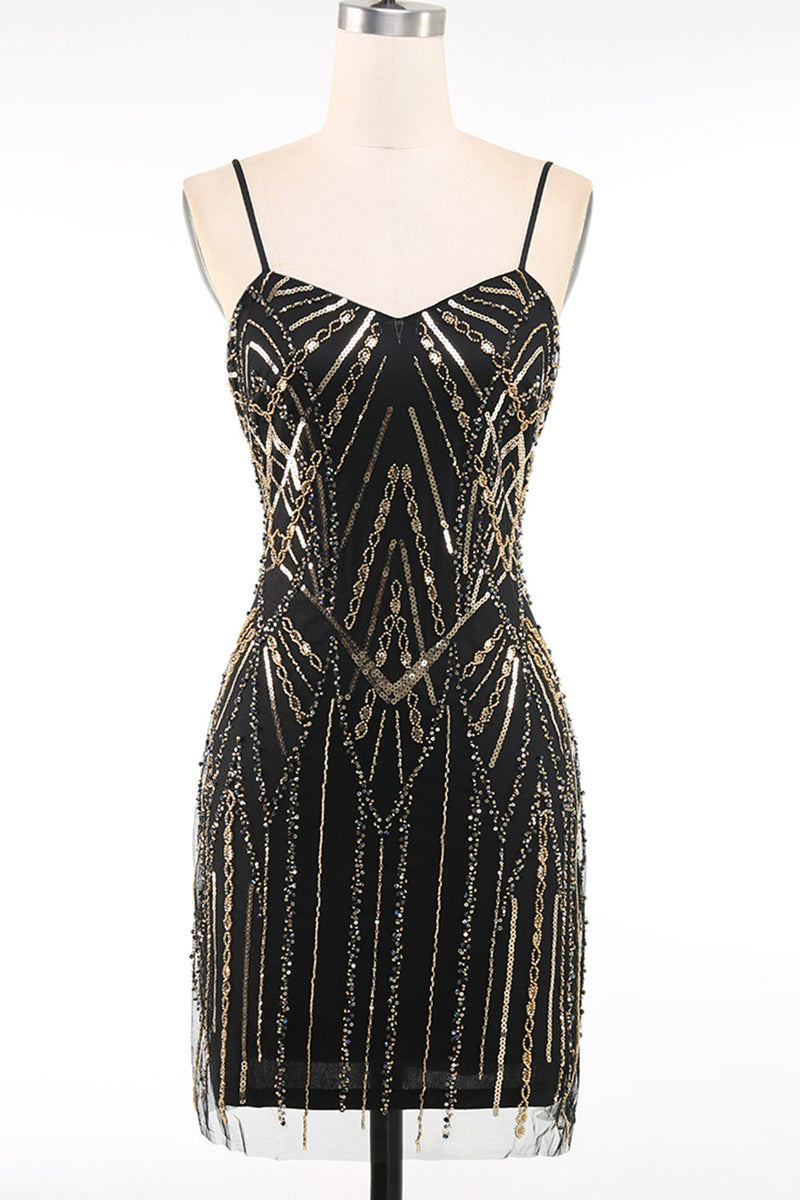 Laden Sie das Bild in den Galerie-Viewer, Glitzernd Schwarz Gold Bodycon Pailletten Kurz 20er Jahre Kleid