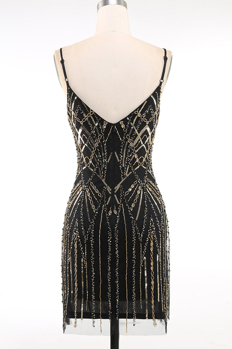 Laden Sie das Bild in den Galerie-Viewer, Glitzernd Schwarz Gold Bodycon Pailletten Kurz 20er Jahre Kleid