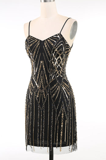 Glitzernd Schwarz Gold Bodycon Pailletten Kurz 20er Jahre Kleid