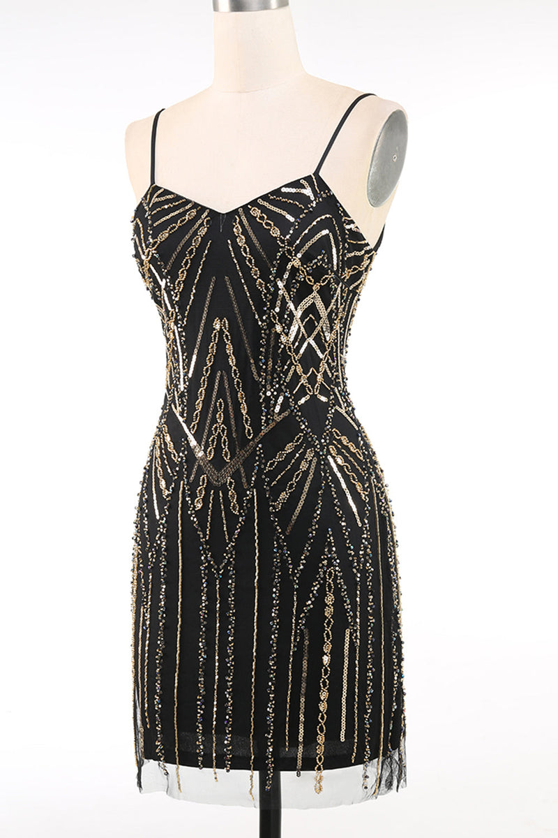 Laden Sie das Bild in den Galerie-Viewer, Glitzernd Schwarz Gold Bodycon Pailletten Kurz 20er Jahre Kleid