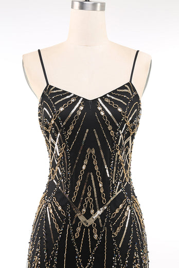 Glitzernd Schwarz Gold Bodycon Pailletten Kurz 20er Jahre Kleid