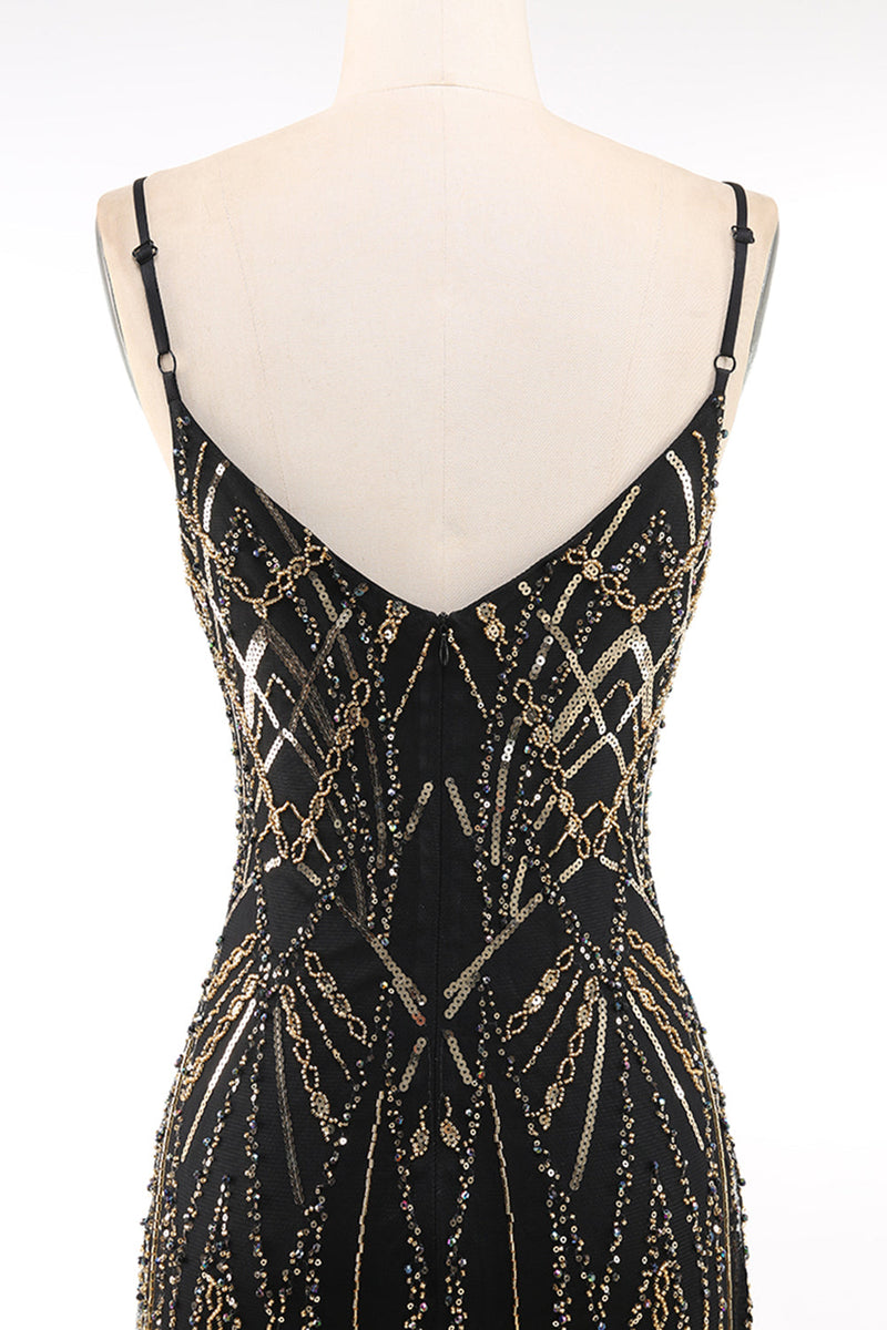 Laden Sie das Bild in den Galerie-Viewer, Glitzernd Schwarz Gold Bodycon Pailletten Kurz 20er Jahre Kleid