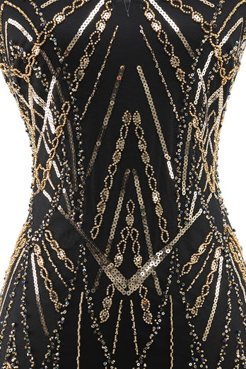 Glitzernd Schwarz Gold Bodycon Pailletten Kurz 20er Jahre Kleid