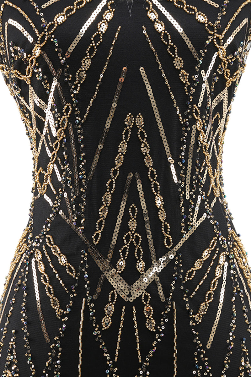 Laden Sie das Bild in den Galerie-Viewer, Glitzernd Schwarz Gold Bodycon Pailletten Kurz 20er Jahre Kleid
