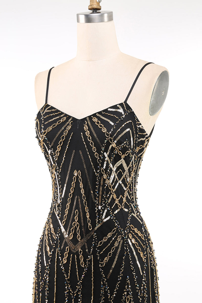 Laden Sie das Bild in den Galerie-Viewer, Glitzernd Schwarz Gold Bodycon Pailletten Kurz 20er Jahre Kleid