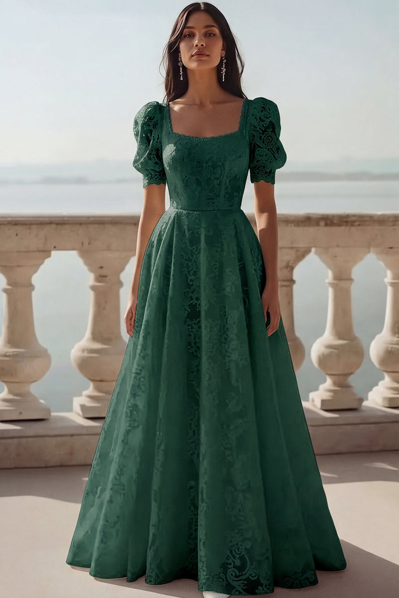 Laden Sie das Bild in den Galerie-Viewer, Weiß Spitze Eckiger Ausschnitt A-Linien Langes Brautkleid