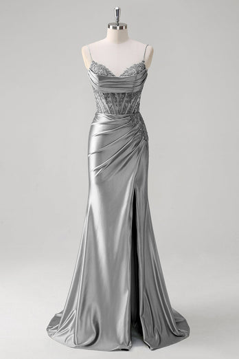 Grün Meerjungfrau Spaghettiträger Satin Korsett Langes Ballkleid mit Schlitz