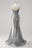 Laden Sie das Bild in den Galerie-Viewer, Grün Meerjungfrau Spaghettiträger Satin Korsett Langes Ballkleid mit Schlitz