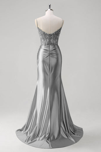 Grün Meerjungfrau Spaghettiträger Satin Korsett Langes Ballkleid mit Schlitz