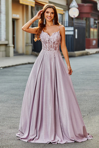 Frauen Glitzer Errötendes Langes Ballkleid mit Applikationen A Linie Spaghettiträger Satin Abendkleid