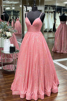 Laden Sie das Bild in den Galerie-Viewer, Funkelndes A-Linie Fuchsia Spaghettiträger langes Abendkleid mit Pailletten