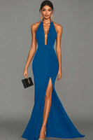 Laden Sie das Bild in den Galerie-Viewer, Elegant Schwarz Meerjungfrau Satin Neckholder Maxi Abendkleid mit Schlitz