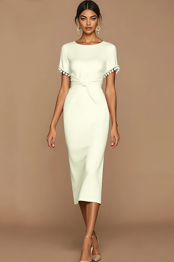 Laden Sie das Bild in den Galerie-Viewer, Weiß Bodycon Juwelenausschnitt Midi Standesamt Kleid mit Ärmel