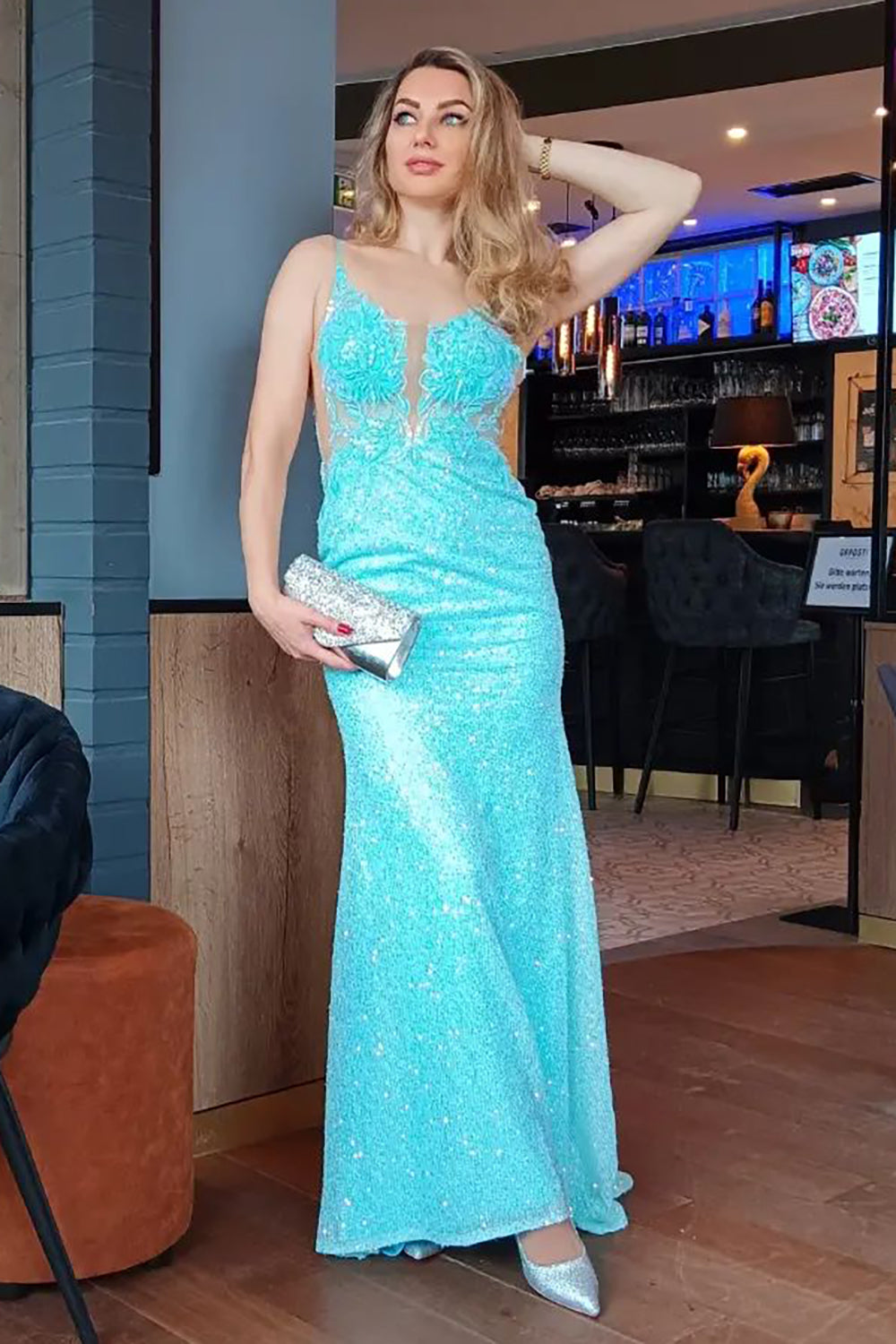 Funkelndes hellgrünes Meerjungfrau Spaghettiträger mit Applikationen Langes Ballkleid mit Schlitz main image 1