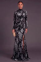 Laden Sie das Bild in den Galerie-Viewer, Dunkelgrün Corsage Hochgeschlossener Ausschnitt Gerafft Langes Festliches Kleid mit Schlitz