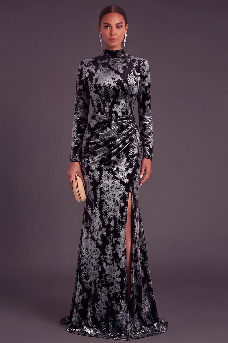 Laden Sie das Bild in den Galerie-Viewer, Dunkelgrün Corsage Hochgeschlossener Ausschnitt Gerafft Langes Festliches Kleid mit Schlitz