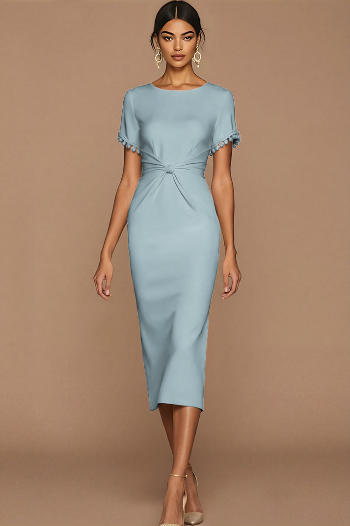 Laden Sie das Bild in den Galerie-Viewer, Weiß Bodycon Juwelenausschnitt Midi Standesamt Kleid mit Ärmel