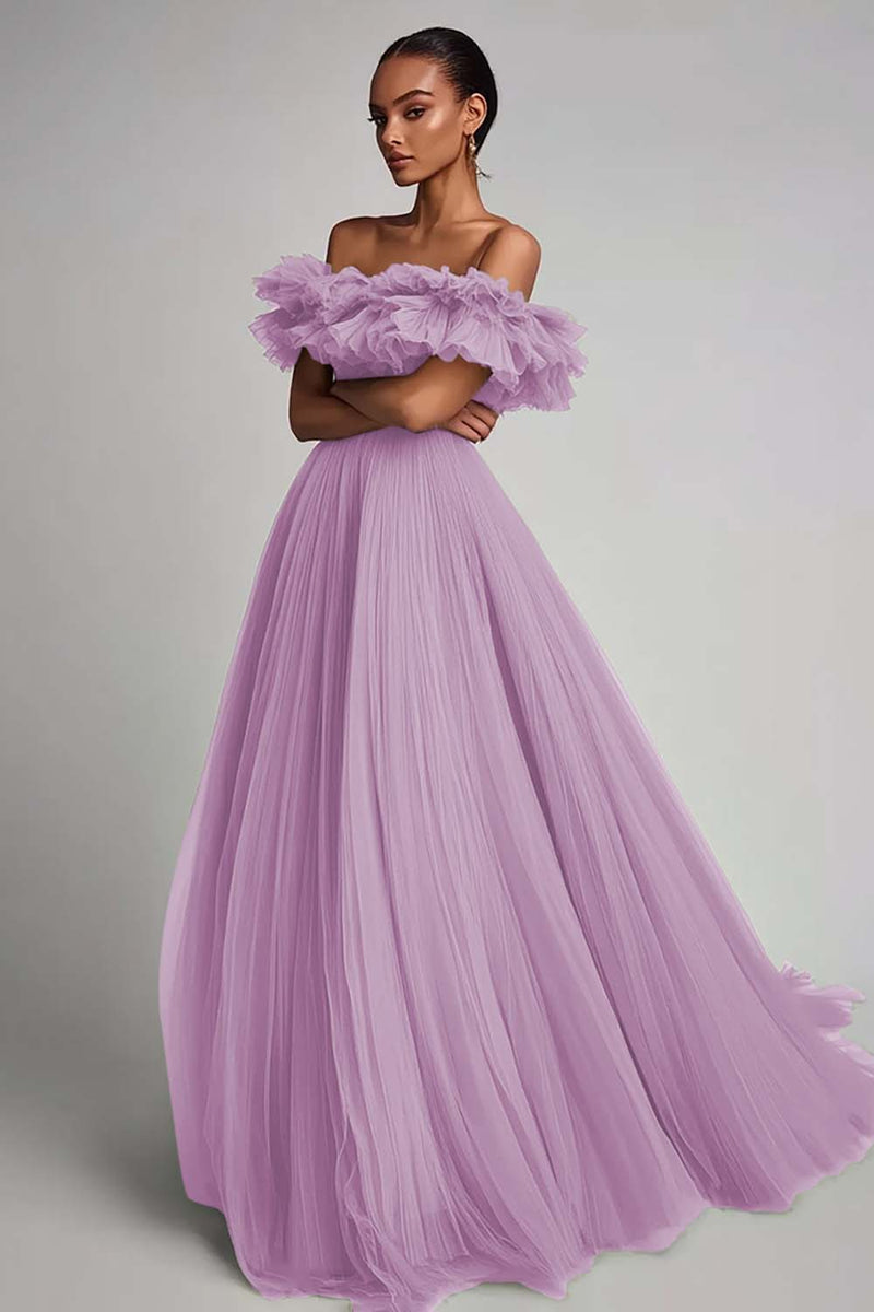 Laden Sie das Bild in den Galerie-Viewer, Salbeigrün Tüll A Linie Lange Formelle Kleid mit Rüschen