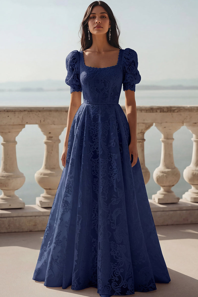 Laden Sie das Bild in den Galerie-Viewer, Weiß Spitze Eckiger Ausschnitt A-Linien Langes Brautkleid