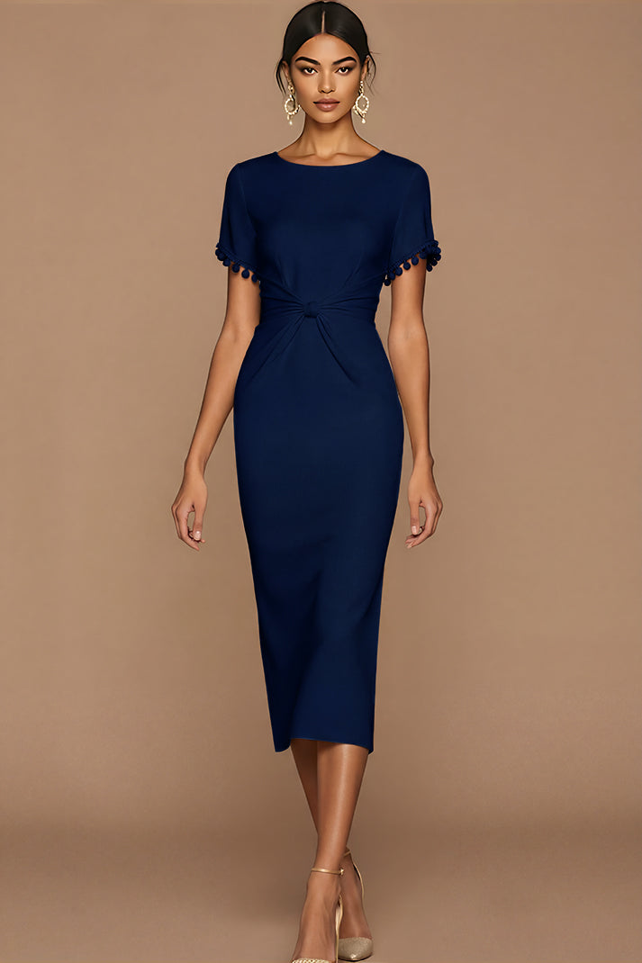 Laden Sie das Bild in den Galerie-Viewer, Weiß Bodycon Juwelenausschnitt Midi Standesamt Kleid mit Ärmel