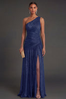 Laden Sie das Bild in den Galerie-Viewer, One schulter Gold Etuikleid Gerafft Langes Abendkleid mit Schlitz