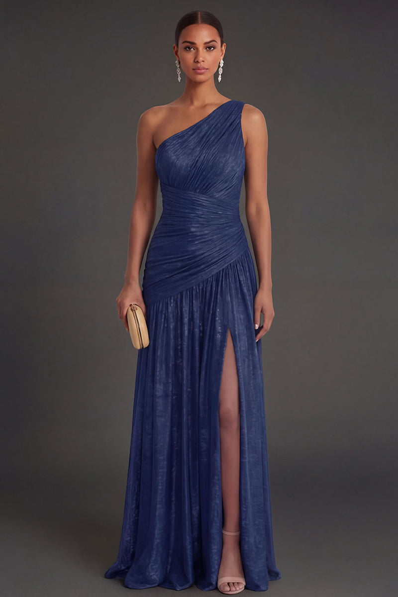 Laden Sie das Bild in den Galerie-Viewer, One schulter Gold Etuikleid Gerafft Langes Abendkleid mit Schlitz