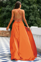 Laden Sie das Bild in den Galerie-Viewer, Königsblaues A-Linie Spaghettiträger Satin Abendkleid mit Schlitz