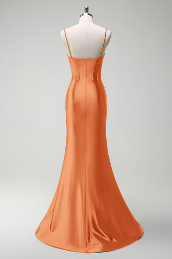 Glitzer Orange Korsett Meerjungfrau Lange Satin Abendkleid mit Schlitz