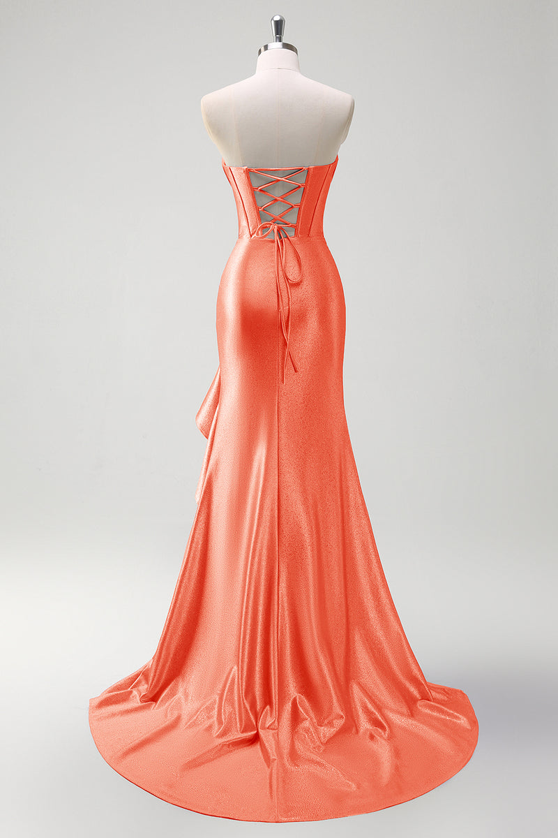 Laden Sie das Bild in den Galerie-Viewer, Glitzer Graublau Korsett Satin Lange Abendkleid mit Rüschen Schlitz