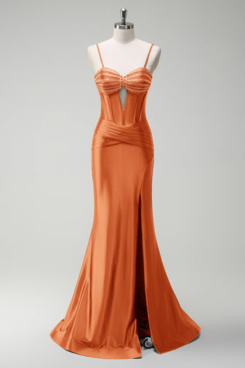 Glitzer Orange Korsett Meerjungfrau Lange Satin Abendkleid mit Schlitz