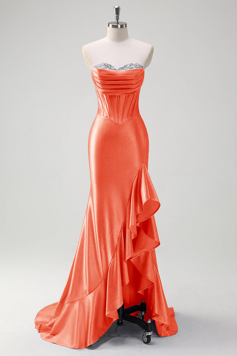 Laden Sie das Bild in den Galerie-Viewer, Glitzer Graublau Korsett Satin Lange Abendkleid mit Rüschen Schlitz